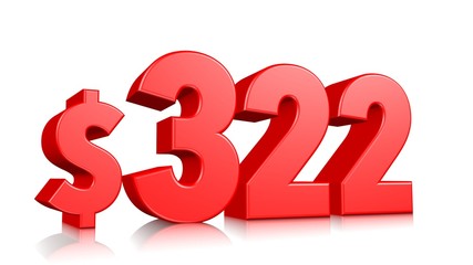 322$ Three hundred twenty-two price symbol. red text number 3d render with dollar sign on white background