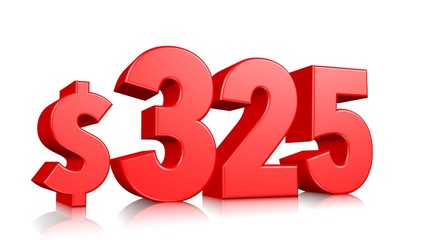 325$ Three hundred twenty-five price symbol. red text number 3d render with dollar sign on white background