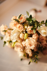beautiful Wedding bouquet, wedding floristry. Stylish wedding bouquet bride. Close up. Side view. Wedding decor. Artwork.