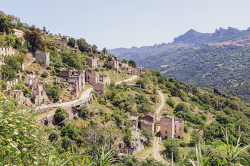 Fototapeta premium Abandoned mountain village Gairo Vecchio destroyed by a flood and called Ghost Town. South Sardinia, Italy.