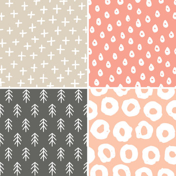 Fototapeta Vector set of 4 seamless abstract backgrounds in subtle colors. Minimal designs in scandinavian style for baby shower, Birthday, scrapbook, cards, textiles, gift wrapping paper, surface textures.