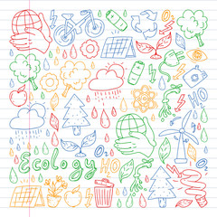 Vector logo, design and badge in trendy drawing style - zero waste concept, recycle and reuse, reduce - ecological lifestyle and sustainable developments icons. Drawing on exercise book.