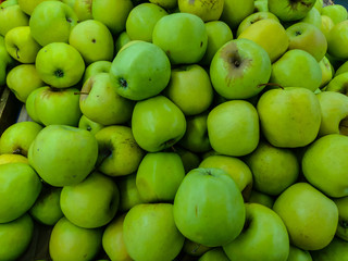 Green apples close-up on the counter for diet and health.