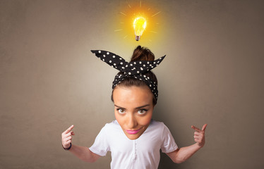 Funny person with big head with new idea concept and lighting bulb
