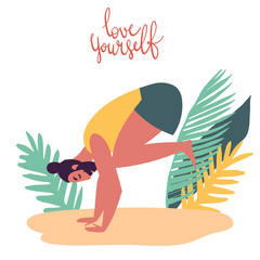 Hand drawn minimal vector illustration of cartoon man character doing yoga asana pose outside in nature with backgroud of tropical leafs and plants.