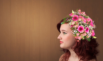 Blossomed head with colorful flowers and spring concept
