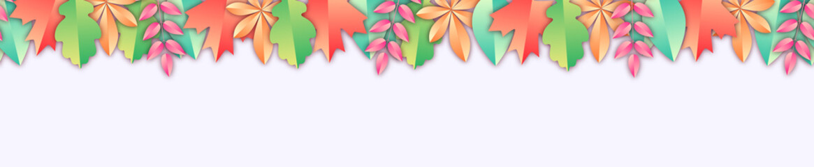 Seamless banner with colorful autumn leaves in paper cut style. Realistic vector illustration with shadows and clipping path. All elements are easy to edit.