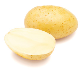 Two beautiful potatoes (one whole and one split in half). Isolated on white background