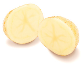Naklejka na ściany i meble Two beautiful potatoes cut in half (slices). Isolated on white background