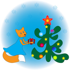 Fox presents a gift to the Christmas tree.