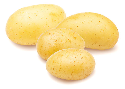 Four lovely whole potatoes isolated on white background