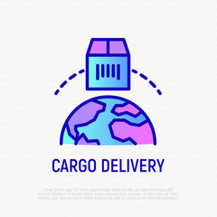 Cargo delivery thin line icon. Package moving around the globe. Logo for logistics. Modern vector illustration.