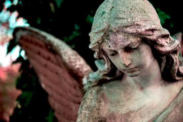 A fragment of ancient sculpture angel in a golden glow in the old cemetery. Symbol of love,...
