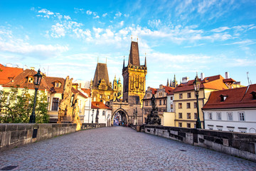 Fototapeta na wymiar Magical view from Charles Bridge to Old Town in Prague, Czech Republic on a sunny day