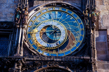 Astronomical Clock (Orloj) close-up in Prague, Czech Republic, Europe. Vintage style.