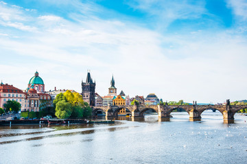Picturesque magical beautiful landscape with Charles Bridge on the Vltava River in the old city of...