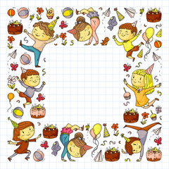Vector illustration in cartoon style, active company of playful preschool kids jumping, at a party, birthday. Drawing on squared notebook.