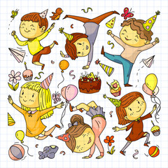Vector illustration in cartoon style, active company of playful preschool kids jumping, at a party, birthday. Drawing on squared notebook.