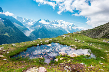 Fototapeta na wymiar Fantastic view with stones in the water on the background of Mont Blanc in the French Alps, Europe on a sunny morning.