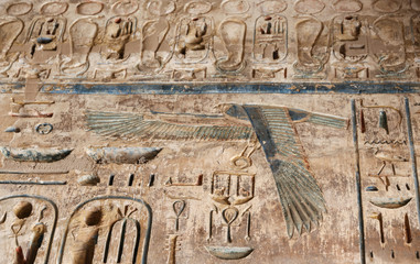 Egyptian Hieroglyphs in Medinet Habu Temple, Luxor, Egypt