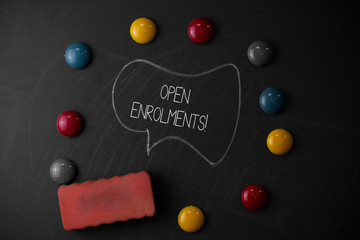 Handwriting text writing Open Enrolments. Conceptual photo when employees may make changes to elected fringe benefit Round Flat shape stones with one eraser stick to old chalk black board