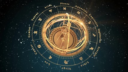 4K. Zodiac Signs and Armillary Sphere On Blue Background. Seamless Looped. 3D Animation. - Powered by Adobe