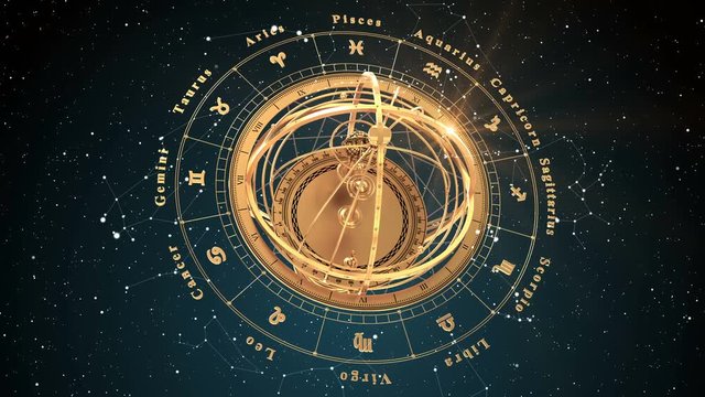 4K. Zodiac Signs and Armillary Sphere On Blue Background. Seamless Looped. 3D Animation.