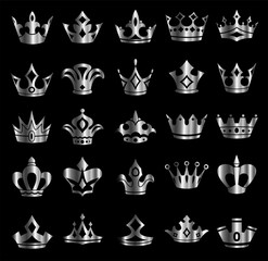 Fototapeta na wymiar Silver Crowns Set - Set of silver crowns icons. Colors in gradients are global, so they can be changed easily. Each element is grouped individually for easy editing.