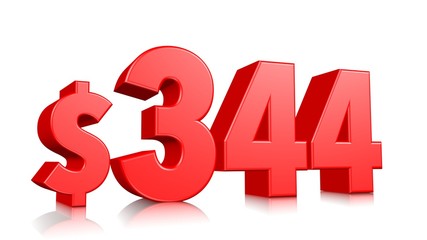 344$ Three hundred and forty four price symbol. red text number 3d render with dollar sign on white background