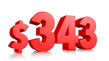 343$ Three hundred and forty three price symbol. red text number 3d render with dollar sign on white background