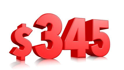 345$ Three hundred and forty five price symbol. red text number 3d render with dollar sign on white background