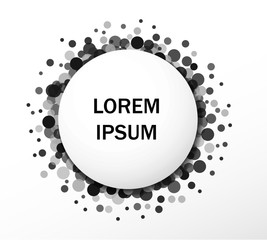 Halftone circle vector frame with black abstract random dots, logo emblem design element for technology, medical, treatment, cosmetic. Round border Icon using halftone circle dots raster texture.