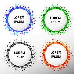 Halftone circle vector frame with black abstract random dots, logo emblem design element for technology, medical, treatment, cosmetic. Round border Icon using halftone circle dots raster texture.