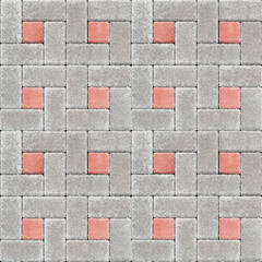 The surface is lined with gray and red road tiles - paving stone. View from above. Specially...