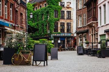 Fototapeta na wymiar Old street of the historic city center of Antwerpen (Antwerp), Belgium. Cozy cityscape of Antwerp. Architecture and landmark of Antwerpen