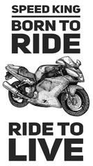 Vector illustration of hand drawn motorcycle, sport bike. Detailed sketched classic sport bike in ink style for biker club sign, garage label, custom store style. black and white on paper.