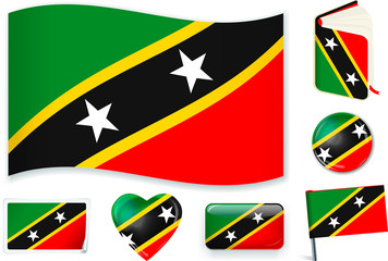 Saint Kitts and Nevis flag wave, book, circle, pin, button, heart and sticker.