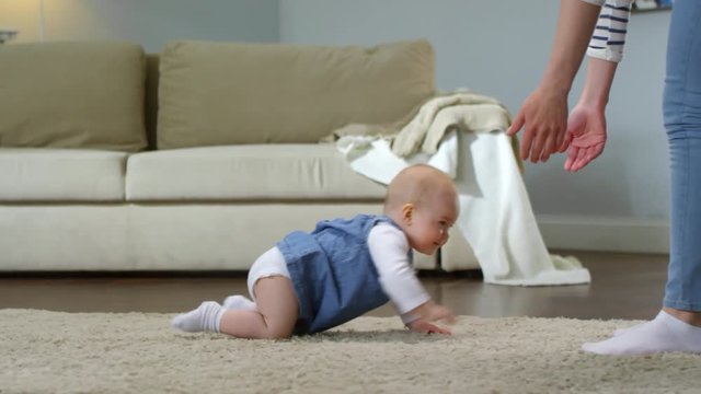 Tracking shot of happy Caucasian baby girl crawling on all fours on beige carpet towards woman, with only her arms and legs in frame, grabbing at her hands and leg and standing upright with assistance