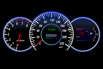 Car dashboard-speedometer, tachometer, odometer, temperature and fuel sensor, vector illustration