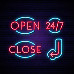 Open, Close, 24/7 and Arrow neon signs. Neon icon, night signboard. Vector illustration.