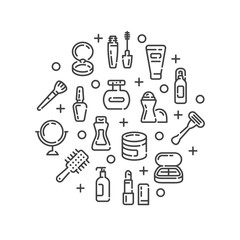 Line design with beauty cosmetics and makeup elements isolated on white background. Vector illustration.