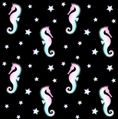 Vector seamless pattern of holographic sea horse seahorse silhouette with stars isolated on black background