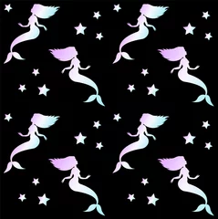 Vector seamless pattern of holographic mermaid silhouette and stars isolated on black background