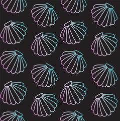 Vector seamless pattern of hand drawn holographic shell isolated on black background 