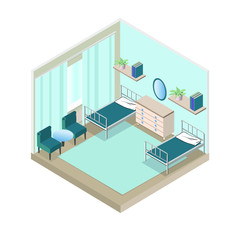 Isometric Hospital Room Blue colour with beds and chairs Vector.