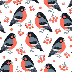 Seamless pattern with birds. Bullfinch. Freehand drawing