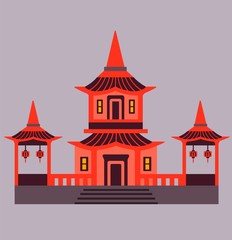 Chinese pagoda in red color. Chinese lanterns. Colorful illustration vector. Asian architecture
