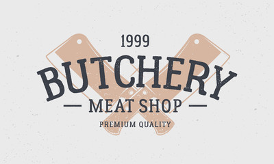 Butcher shop logo, poster. Meat shop logo with two meat knives. Retro gold and white poster for meat shop, market, restaurant. Vector logo template.