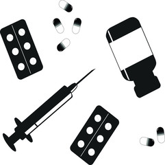 scattered medicines, syringes, pills, capsules, jar, vector graphics