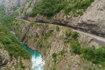 aerial view of the road in the canyon of the river Moraca